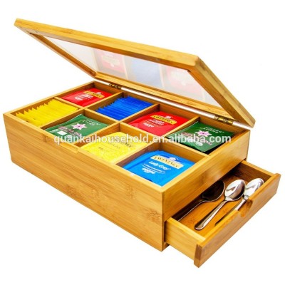 Natural Bamboo Tea Box with 8 Storage Compartments and Slide Out Drawer