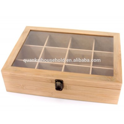 Natural Bamboo Tea Box with 12 Large Compartments and Acrylic Window